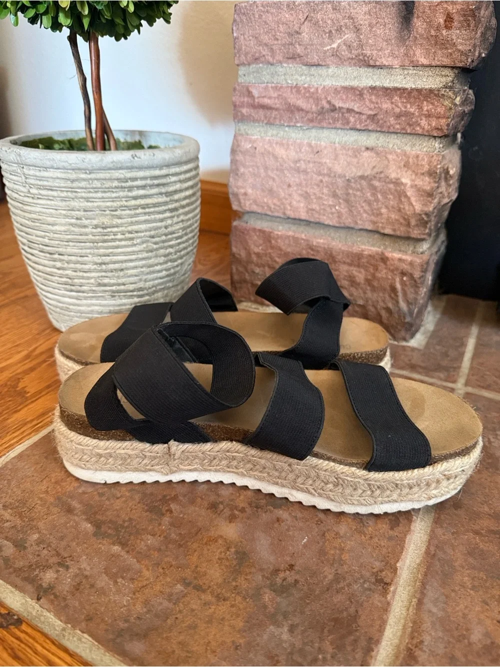 Black Elastic Espadrille Platform Sandals for Women